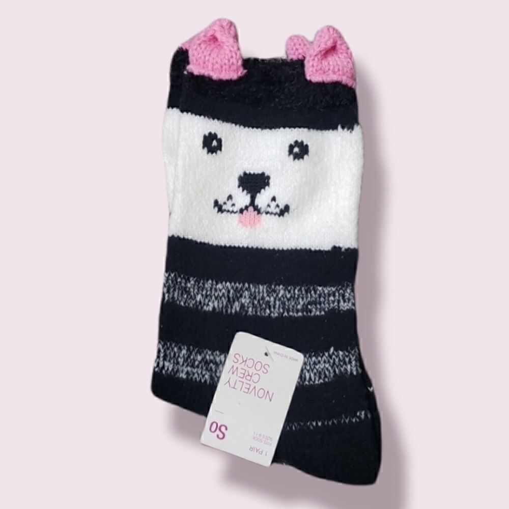 SO BLACK AND WHITE KITTY CAT FACE NOVELTY CREW SOCKS - NEW